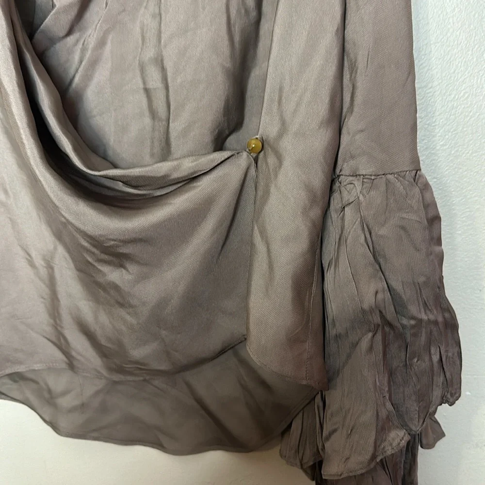Zara Wrap Surplice Ruffle Sleeve Satin Look Taupe Grey Blouse - Picture 8 of 9